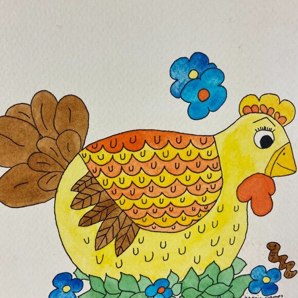 NEW Vintage 1983s Artist Alexis James Watercolor Print Hen - Picture 3 of 4